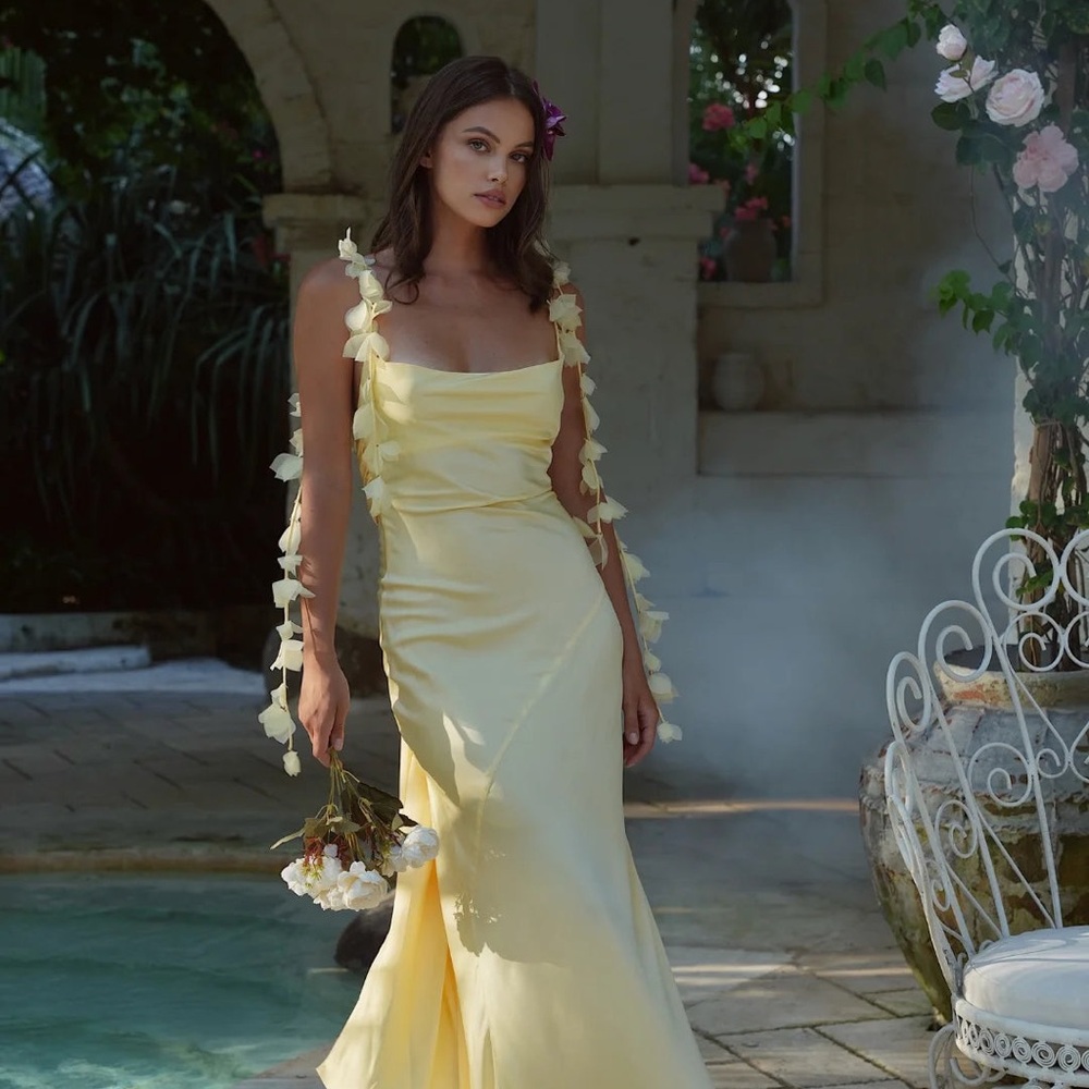 Yellow Ruched Maxi Dress with Floral Accents for Wedding